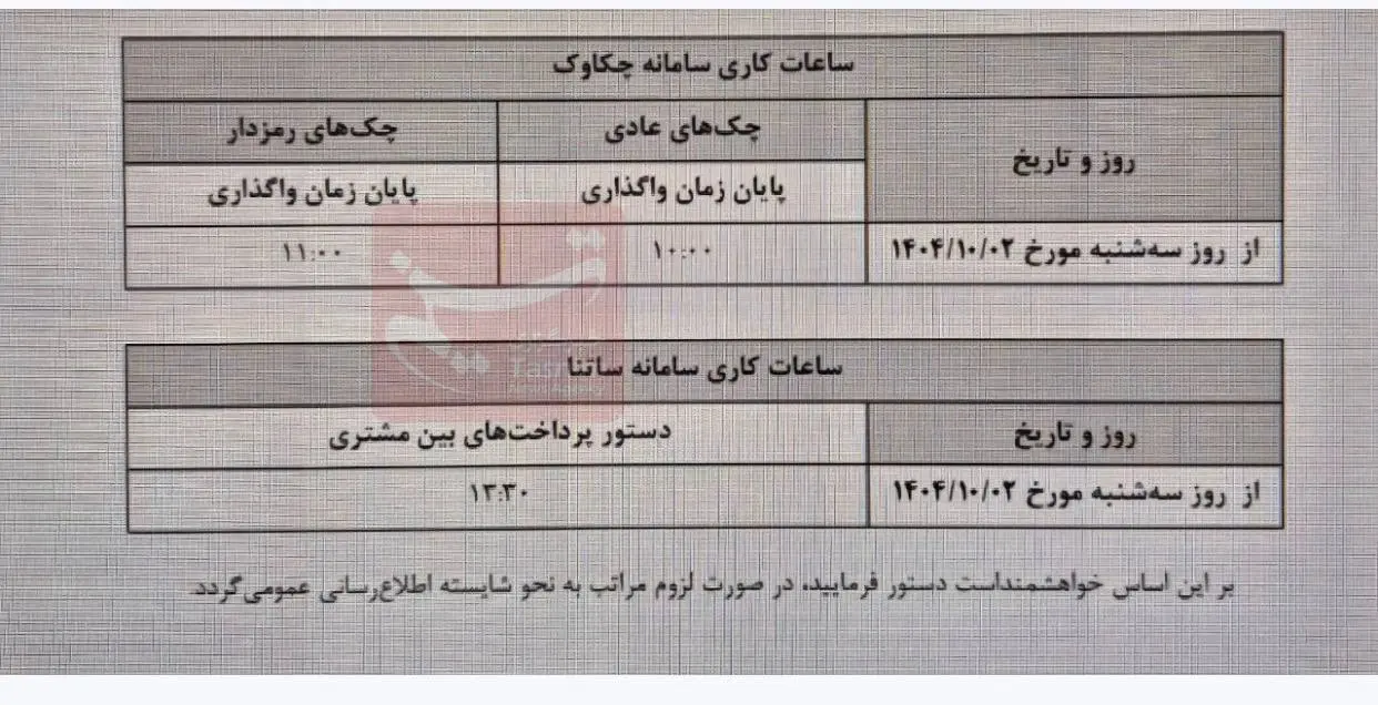 ساعات کار ساتنا و پایا